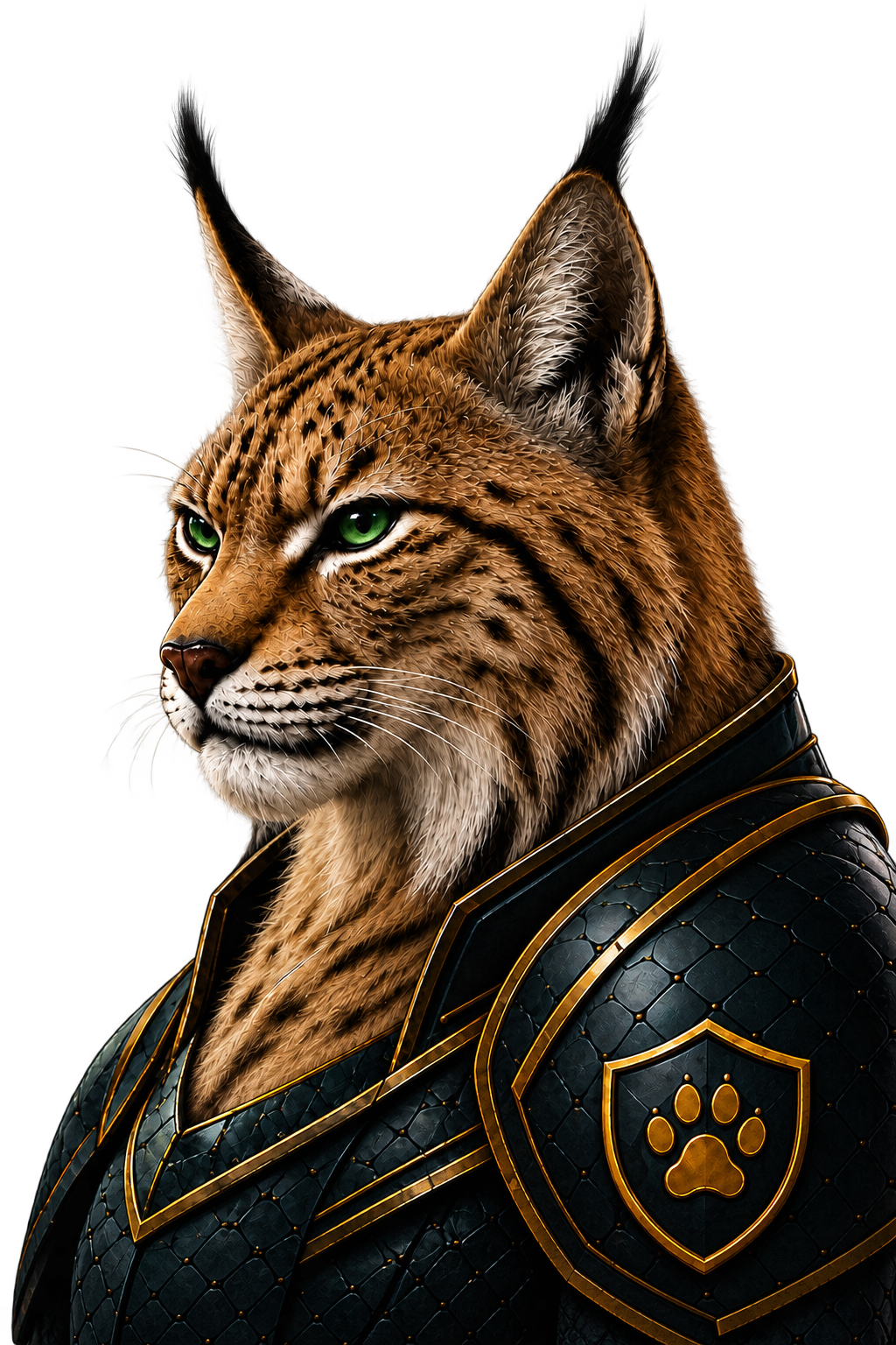 Fierce armored brown spotted PipLynx guardian with sharp ear tufts
